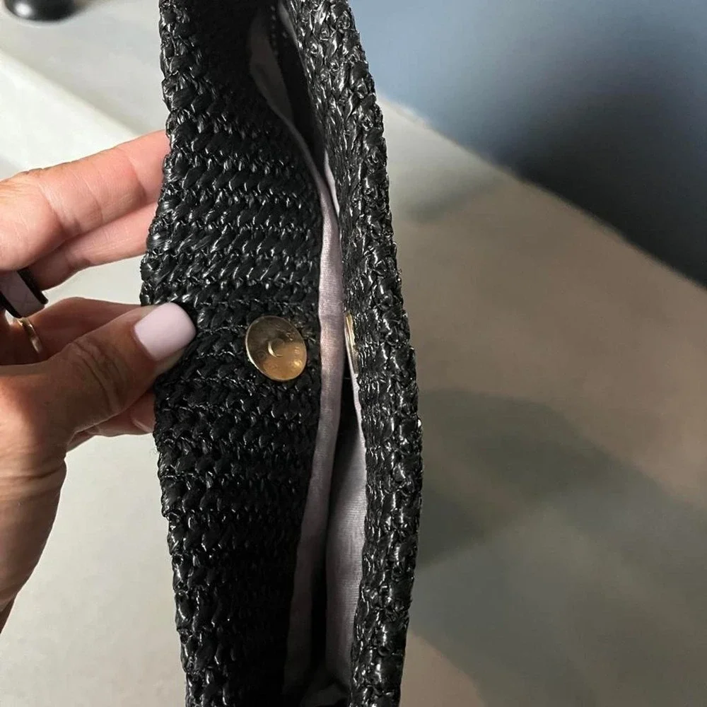 Black Woven Clutch with Gold Button Detail NWT